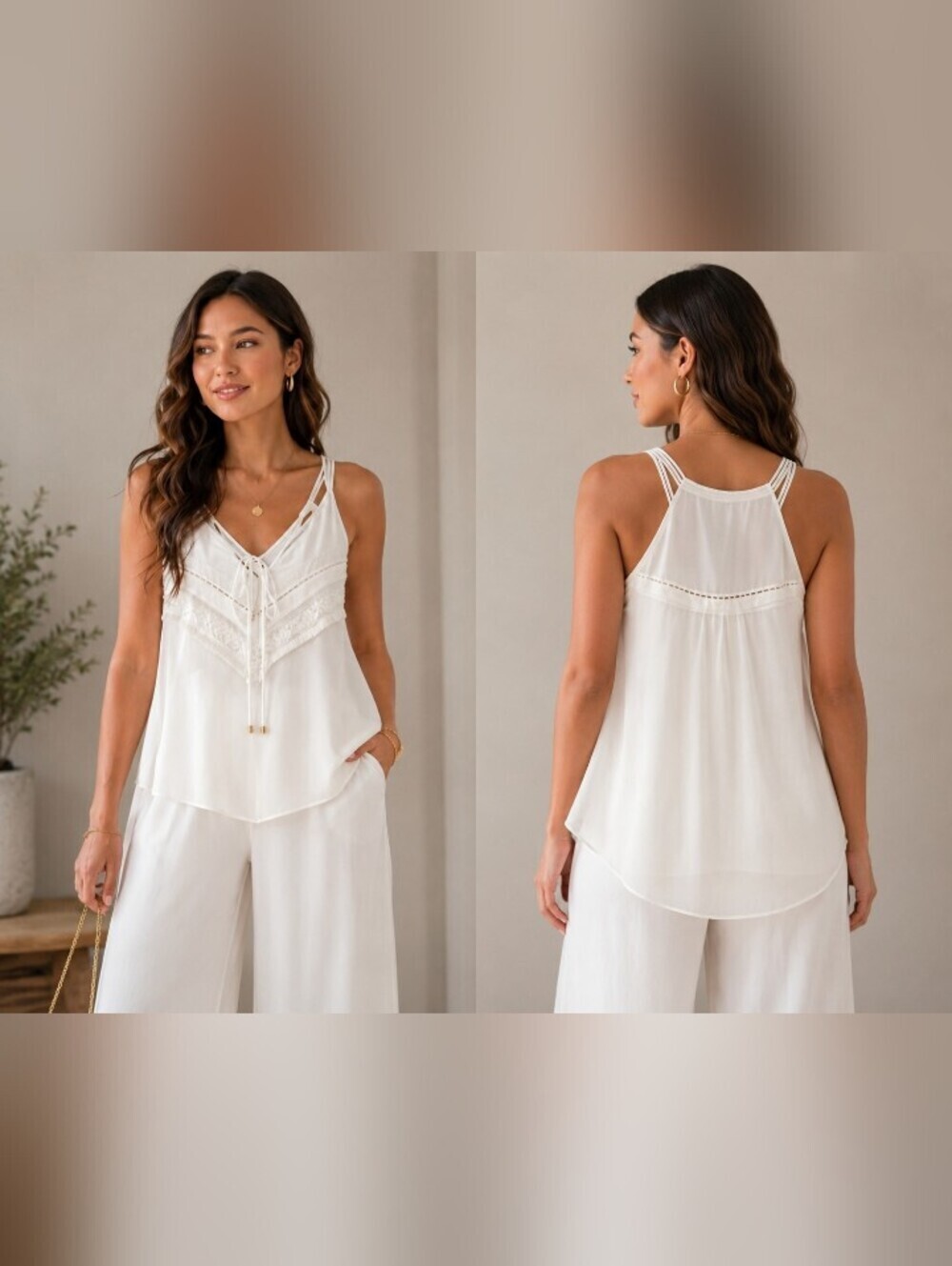 White House Black Market Sleeveless Tassel-Detail V-Neck Women's Small Blouse